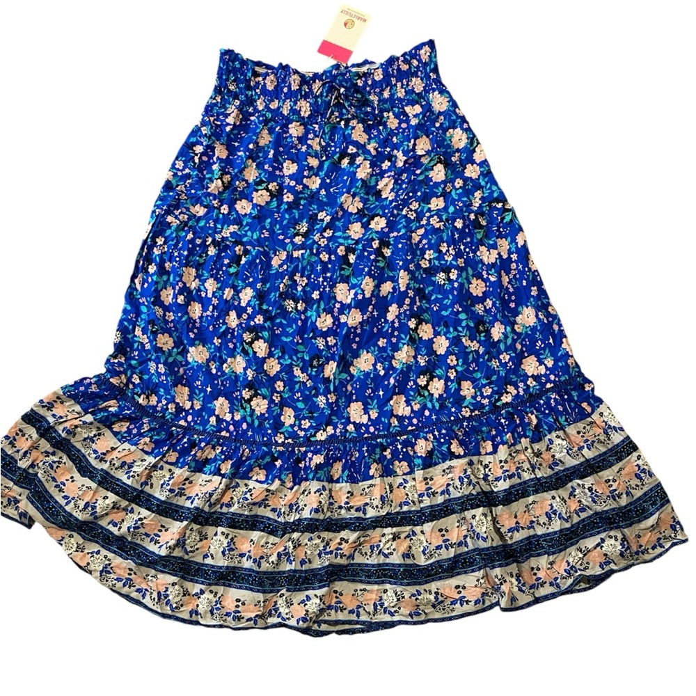 Blue and Cream Ruffled A-line Maxi Skirt